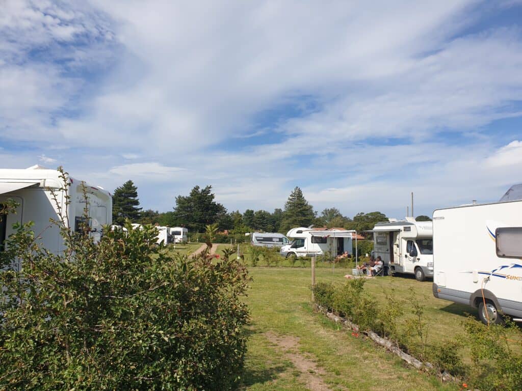 A group of caravans parked in a green grass field on a cloudy day.