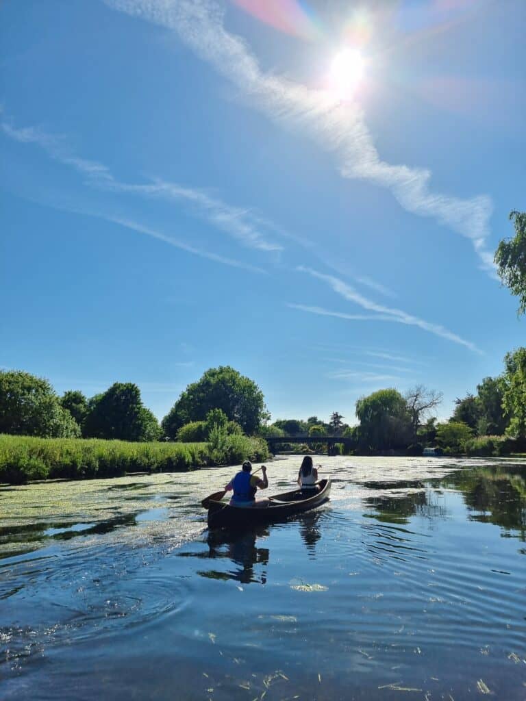 Two persons paddling down River Yare in sunshine and blue skies