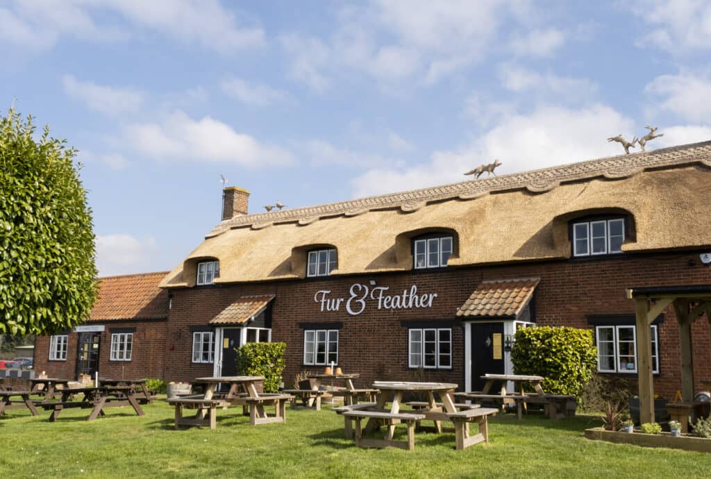 The outside of the Fur and Feather pub in Norfolk.