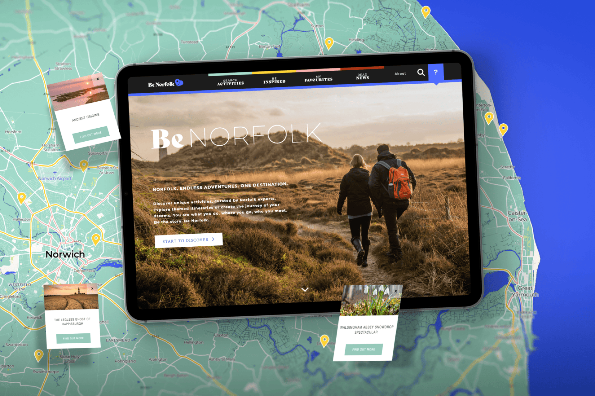 The BeNorfolk website homepage posed on an iPad background over the activities map.