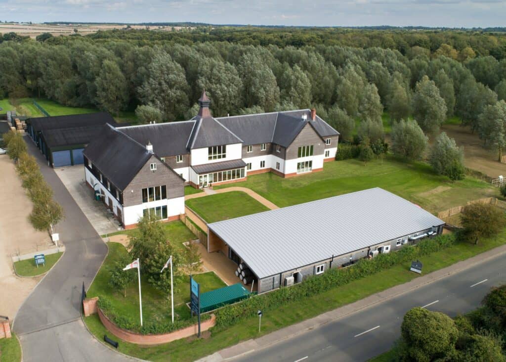 An ariel image of The English Whiskey Company building in Norfolk.
