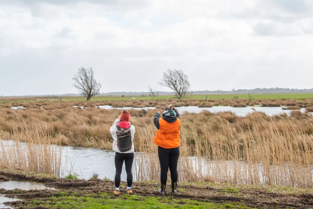 Two women standing on the banks of the marshes looking and pointing towards the distance