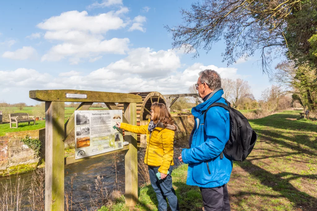 Two people reading an information board at Narborough Bone Mill