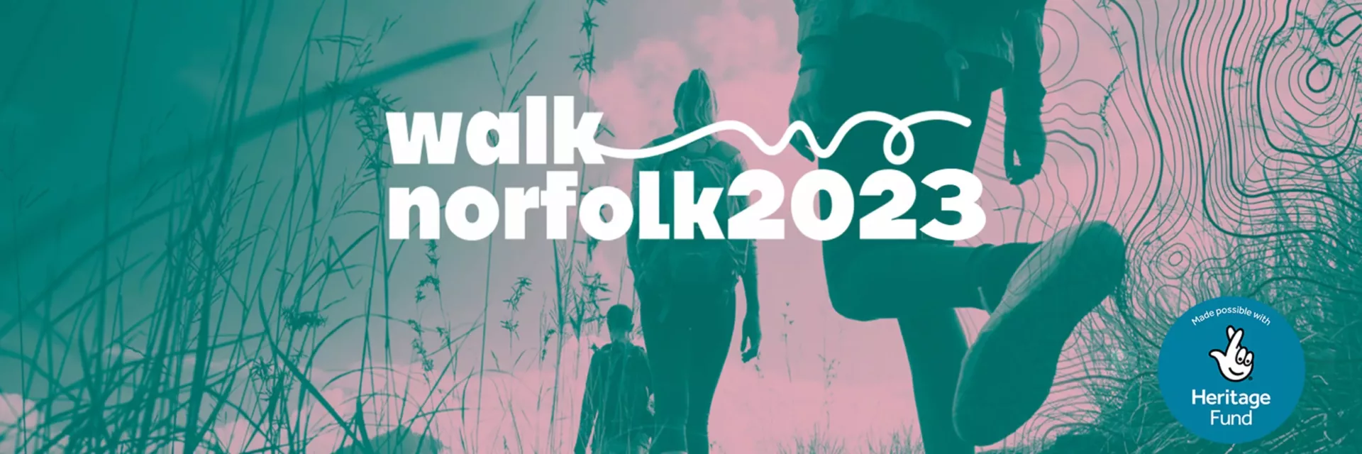 WalkNorfolk 2023 text on a background image with walking people shapes